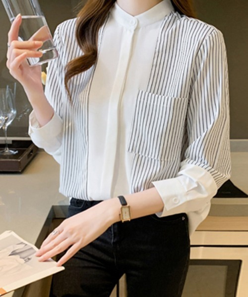ONEP STAR(ワンピスター)の「ストライプ切替バンドカラーシャツ(シャツ/ブラウス・レディース・ホワイト・X-LARGE/LARGE/MEDIUM)」の7枚目の写真