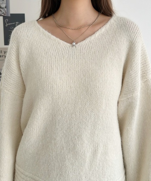 Eclat one(エクラワン)の「【Eclat one】Vネック ドロップショルダー メランジ ニット(ニット/セーター・レディース・チャコール/グリーン/アイボリー・FREE)」の10枚目の写真
