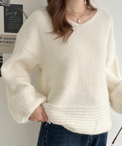 Eclat one(エクラワン)の「【Eclat one】Vネック ドロップショルダー メランジ ニット(ニット/セーター・レディース・チャコール/グリーン/アイボリー・FREE)」の6枚目の写真