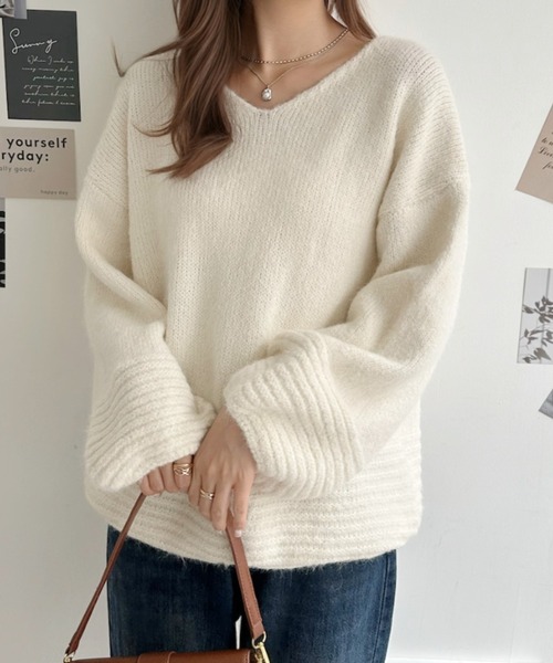 Eclat one(エクラワン)の「【Eclat one】Vネック ドロップショルダー メランジ ニット(ニット/セーター・レディース・チャコール/グリーン/アイボリー・FREE)」の7枚目の写真
