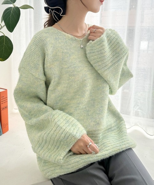 Eclat one(エクラワン)の「【Eclat one】Vネック ドロップショルダー メランジ ニット(ニット/セーター・レディース・チャコール/グリーン/アイボリー・FREE)」の12枚目の写真