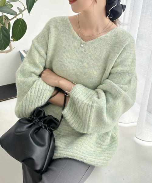Eclat one(エクラワン)の「【Eclat one】Vネック ドロップショルダー メランジ ニット(ニット/セーター・レディース・チャコール/グリーン/アイボリー・FREE)」の13枚目の写真