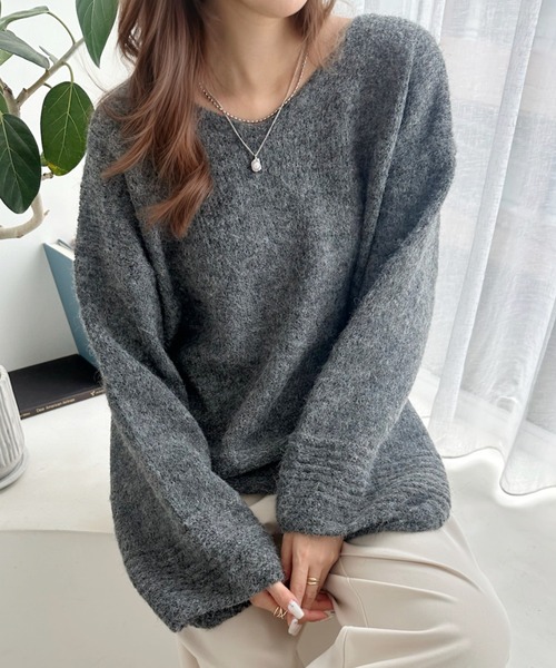 Eclat one(エクラワン)の「【Eclat one】Vネック ドロップショルダー メランジ ニット(ニット/セーター・レディース・チャコール/グリーン/アイボリー・FREE)」の18枚目の写真