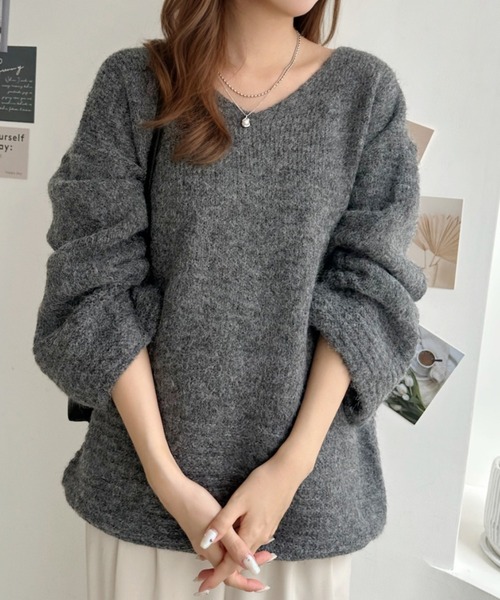 Eclat one(エクラワン)の「【Eclat one】Vネック ドロップショルダー メランジ ニット(ニット/セーター・レディース・チャコール/グリーン/アイボリー・FREE)」の21枚目の写真