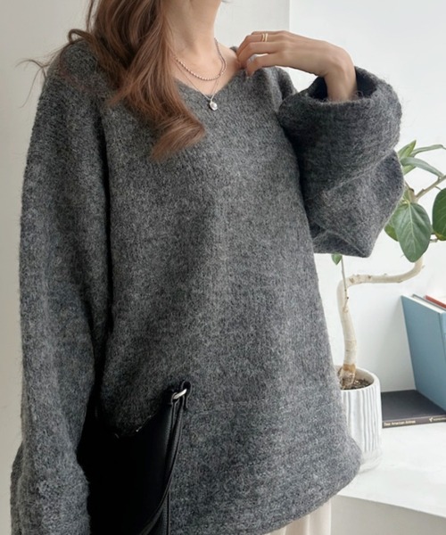 Eclat one(エクラワン)の「【Eclat one】Vネック ドロップショルダー メランジ ニット(ニット/セーター・レディース・チャコール/グリーン/アイボリー・FREE)」の22枚目の写真