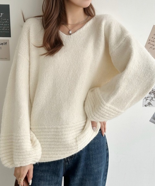 Eclat one(エクラワン)の「【Eclat one】Vネック ドロップショルダー メランジ ニット(ニット/セーター・レディース・チャコール/グリーン/アイボリー・FREE)」の4枚目の写真