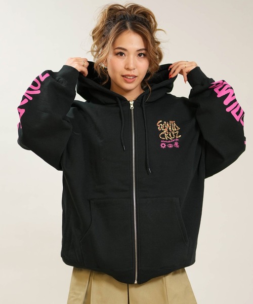 SANTA CRUZ(サンタクルーズ)の「【ムラサキスポーツ限定】SANTACRUZ/サンタクルーズ ジップアップ パーカー フーディー ロゴ レオパード柄 バックプリント 裏起毛 502264331(パーカー・レディース・ピンク/ブラック・L/M)」の5枚目の写真