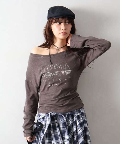 SpRay(スプレイ)の「イーグルスタッズオフショルダートップス(Tシャツ/カットソー・レディース・オフホワイト/ブラウン/チャコールグレー/ベージュ・FREE)」の15枚目の写真