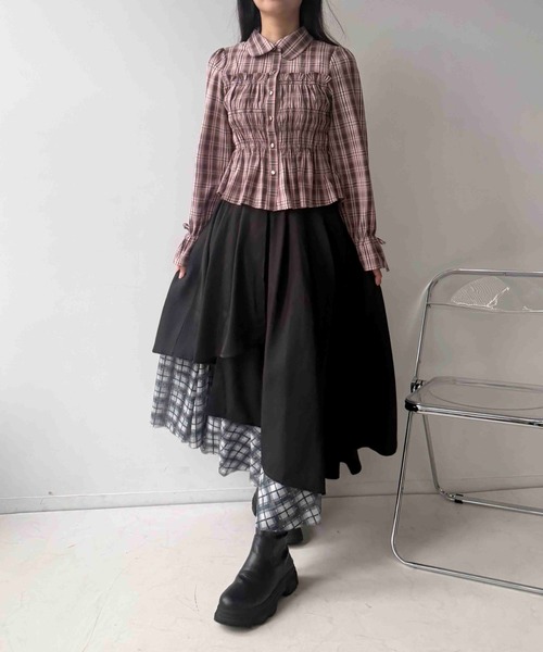 AS KNOW AS plus(アズノゥアズプラス)の「☆袖リボン 丸襟シャーリングブラウス(ドット・チェック)(シャツ/ブラウス・レディース・ブラック系/アイボリー系/ネイビー系/ピンク系・FREE)」の9枚目の写真