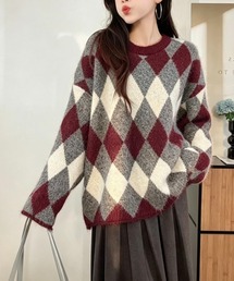 【秋冬新作】3色展開 配色ダイヤ柄 ゆったりクルーネックニットプルオーバー