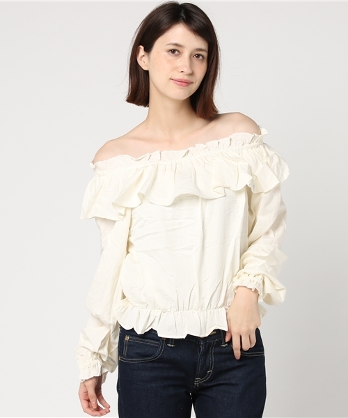 WEGO（ウィゴー）の「WEGO/フリルオフショルブラウス（シャツ/ブラウス・レディース・ブラック/オフホワイト/ダークグリーン/パープル・LARGE/MEDIUM）」の16枚目の写真