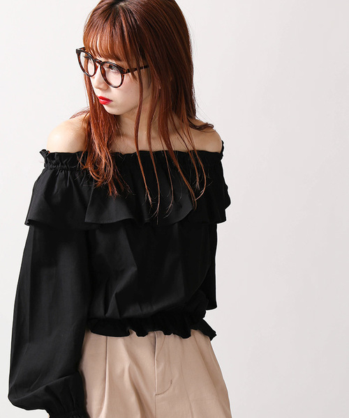 WEGO（ウィゴー）の「WEGO/フリルオフショルブラウス（シャツ/ブラウス・レディース・ブラック/オフホワイト/ダークグリーン/パープル・LARGE/MEDIUM）」の13枚目の写真