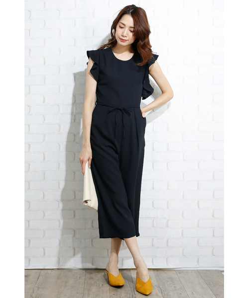 Primazel（プリマゼル）の「ウエストリボン付きフリルショルダーフロントタックワイドパンツオールインワン（つなぎ/オールインワン・レディース・ブラック/ピンク系その他/ネイビー・ONE SIZE）」の11枚目の写真