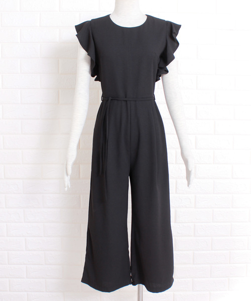 値下げ！エンフォルド⭐︎ウエストリボン付きオールインワン38ネイビー Primazel（プリマゼル）の「ウエストリボン付きフリルショルダー