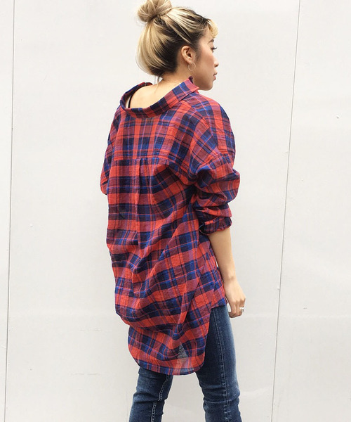 LIPSTAR（リップスター）の「チュニックチェックシャツ（シャツ/ブラウス・レディース・ブラウン系その他/イエロー系その他/レッド系その他・M）」の3枚目の写真