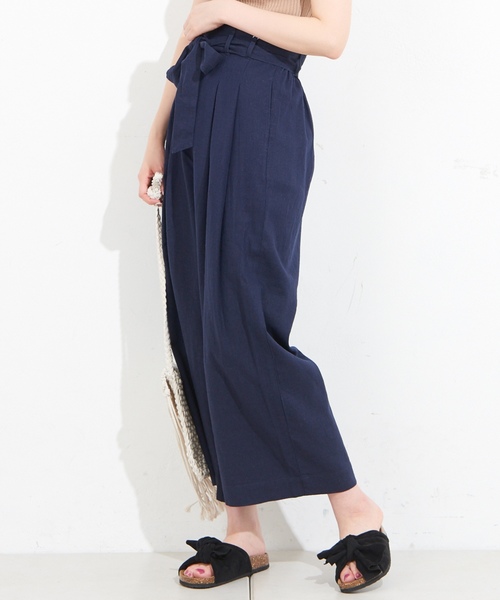 natural couture(ナチュラルクチュール)の「フレンチリネンリボンベルトパンツ(その他パンツ・レディース・ベージュ/ネイビー/ピンク/イエロー/ストライプ・FREE)」の1枚目の写真