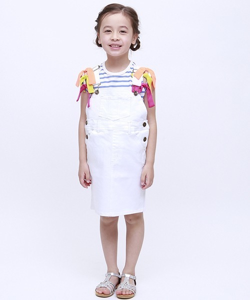 RUGGEDWORKS（ラゲッドワークス）の「キッズストレッチ デニム無地 ヒザ丈ジャンスカ（サロペット/オーバーオール・キッズ・ホワイト/Navy・90cm/110cm/130cm/140cm/100cm/120cm）」の2枚目の写真