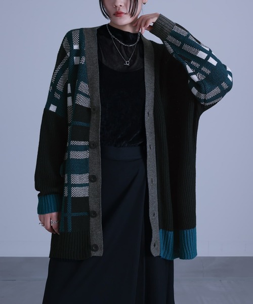 『アシメチェック柄ニットカーディガン』（カーディガン/ボレロ）｜kOhAKU（コハク）