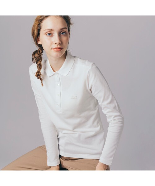LACOSTE（ラコステ）の「ストレッチポロシャツ（長袖）（ポロシャツ・レディース・ホワイト/ブラック/ダークグリーン/ネイビー/グレー/レッド/ワインレッド/ライトピンク/ロイヤルブルー/グリーン/ワイン/オフホワイト/ライトブルー/ボルドー/ピンク・40/38/36/34）」の2枚目の写真
