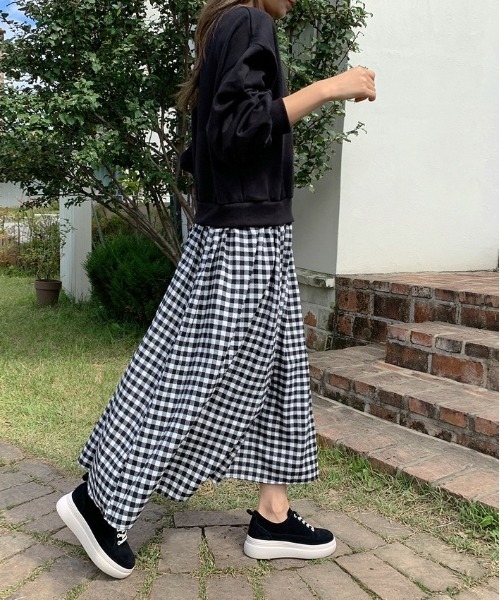 mayblue(メイブルー)の「MAYBLUE ギンガムチェックドッキングワンピース(ワンピース・レディース・ブラック・FREE)」の3枚目の写真