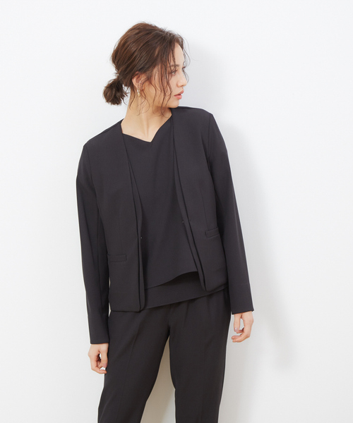 abahouse mavie（アバハウスマヴィ）の「【追加生産】【セットアップ対応】ecru ストレッチノーカラ－ジャケット（ノーカラージャケット・レディース・ネイビー/ブラック/グレイッシュベージュ・38/36）」の2枚目の写真