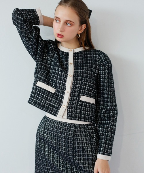 Seemi. byNICECLAUP( シーミーバイナイスクラップ)の「パイピングアソートジャケット〈セットアップスカート有り〉(その他アウター・レディース・グレー系その他/チェック/ブラック系その他・FREE)」の2枚目の写真