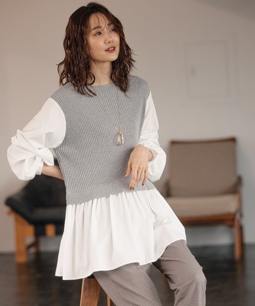 GLOBAL WORK（グローバルワーク）の「フハクドッキングベスト長袖/957997（Tシャツ/カットソー・レディース・ライトグレー/ブラック/カーキ・FREE）」の3枚目の写真