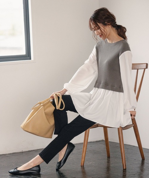 GLOBAL WORK（グローバルワーク）の「フハクドッキングベスト長袖/957997（Tシャツ/カットソー・レディース・ライトグレー/ブラック/カーキ・FREE）」の18枚目の写真