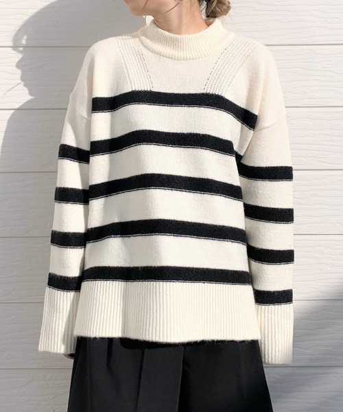 Q（キュー）の「Wボーダーニット（ニット/セーター・レディース・ブラック/アイボリー・MEDIUM）」の5枚目の写真