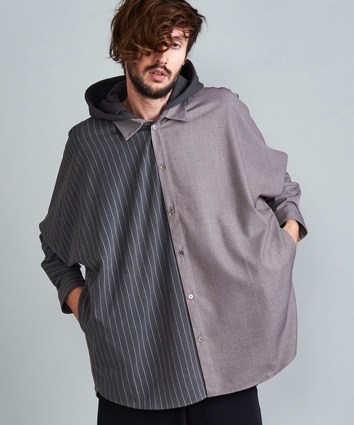 NO ID.（ノーアイディ）の「◇ドルマンスリーブ切替フードSH（シャツ/ブラウス・メンズ・グレー/ベージュ/ブラック/ブルーグリーン・ONE SIZE）」の3枚目の写真