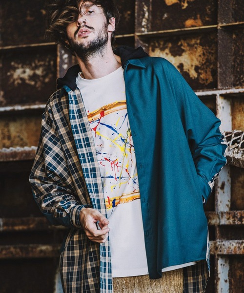 NO ID.（ノーアイディ）の「◇ドルマンスリーブ切替フードSH（シャツ/ブラウス・メンズ・グレー/ベージュ/ブラック/ブルーグリーン・ONE SIZE）」の4枚目の写真