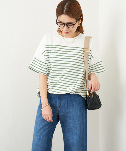 JOURNAL STANDARD（ジャーナルスタンダード）の「パネルボーダーTシャツ（Tシャツ/カットソー・レディース・ブラック/グリーン/ネイビー系1/ブルー系1・FREE）」の8枚目の写真
