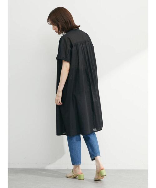 ブラック 五分袖 チュニック Green Parks（グリーンパークス）の「インド綿 ギャザー5分袖