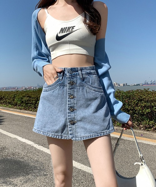 meJane(ミージェーン)の「フロント釦デニム台形スカパン(デニムスカート・レディース・ブラック/ブルー・S/M)」の12枚目の写真