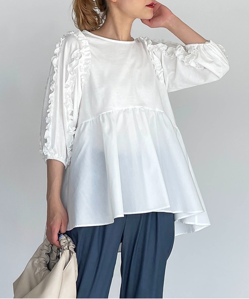 PICCIN(ピッチン)の「袖フリル切替えプルオーバー(Tシャツ/カットソー・レディース・ブラック/オフホワイト・M/L)」の7枚目の写真