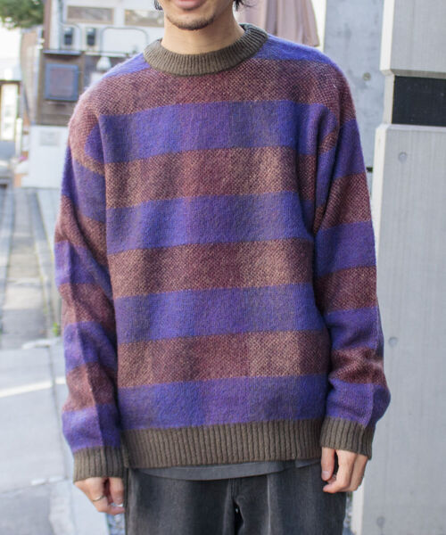 GLOSTER（グロスター）の「【GLOSTER ROAD/グロスターロード】モヘヤボーダーニットプルオーバー（ニット/セーター・メンズ・ベージュ系その他/パープル系その他・L/M）」の2枚目の写真