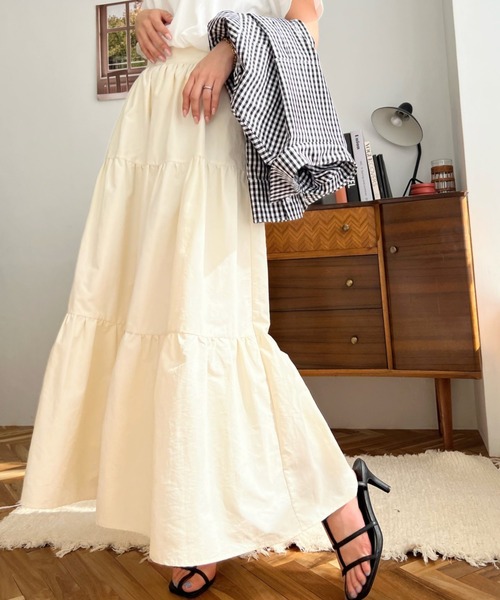 moment+（モーメントプラス）の「ティアードスカート（スカート・レディース・ブラック/カーキ/アイボリー・L/M）」の6枚目の写真