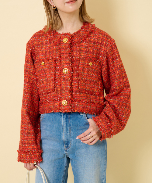 U by SPICK&SPAN（ユーバイスピックアンドスパン）の「ツィードショートジャケット（ノーカラージャケット・レディース・オレンジ/アイボリー/ブラック・FREE）」の3枚目の写真