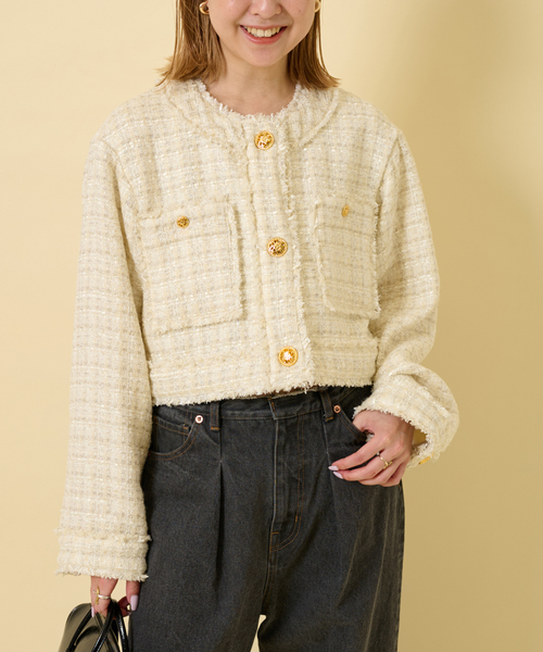 U by SPICK&SPAN（ユーバイスピックアンドスパン）の「ツィードショートジャケット（ノーカラージャケット・レディース・オレンジ/アイボリー/ブラック・FREE）」の2枚目の写真