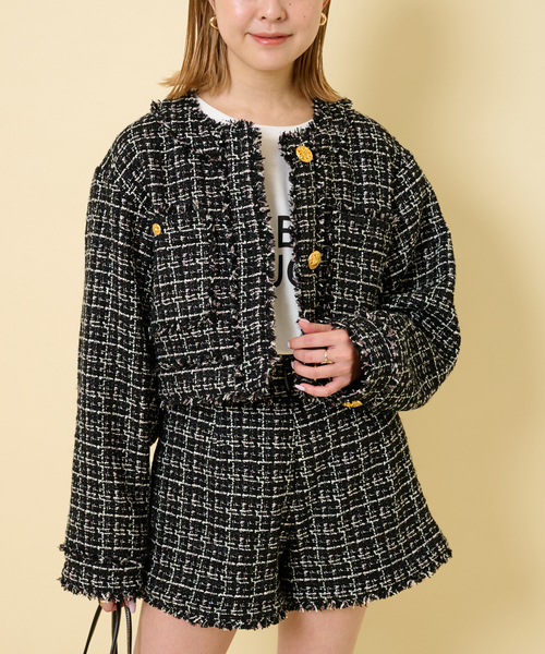 U by SPICK&SPAN（ユーバイスピックアンドスパン）の「ツィードショートジャケット（ノーカラージャケット・レディース・オレンジ/アイボリー/ブラック・FREE）」の9枚目の写真