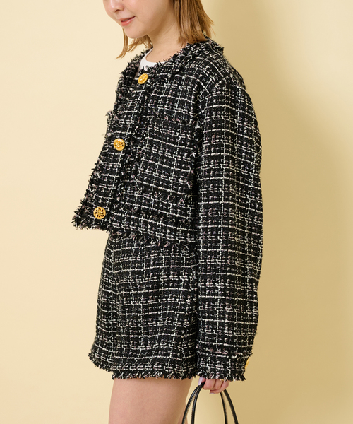 U by SPICK&SPAN（ユーバイスピックアンドスパン）の「ツィードショートジャケット（ノーカラージャケット・レディース・オレンジ/アイボリー/ブラック・FREE）」の10枚目の写真