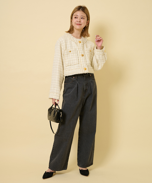 U by SPICK&SPAN（ユーバイスピックアンドスパン）の「ツィードショートジャケット（ノーカラージャケット・レディース・オレンジ/アイボリー/ブラック・FREE）」の12枚目の写真