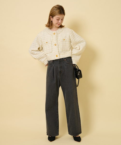 U by SPICK&SPAN（ユーバイスピックアンドスパン）の「ツィードショートジャケット（ノーカラージャケット・レディース・オレンジ/アイボリー/ブラック・FREE）」の13枚目の写真