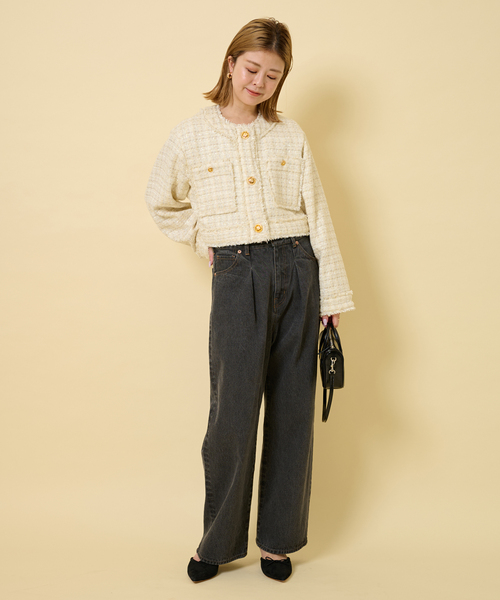 U by SPICK&SPAN（ユーバイスピックアンドスパン）の「ツィードショートジャケット（ノーカラージャケット・レディース・オレンジ/アイボリー/ブラック・FREE）」の14枚目の写真