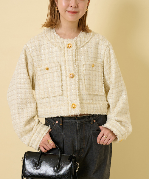 U by SPICK&SPAN（ユーバイスピックアンドスパン）の「ツィードショートジャケット（ノーカラージャケット・レディース・オレンジ/アイボリー/ブラック・FREE）」の16枚目の写真