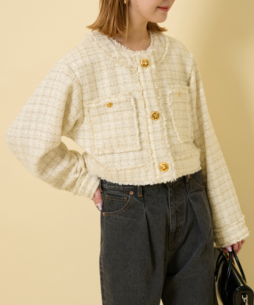 U by SPICK&SPAN（ユーバイスピックアンドスパン）の「ツィードショートジャケット（ノーカラージャケット・レディース・オレンジ/アイボリー/ブラック・FREE）」の18枚目の写真