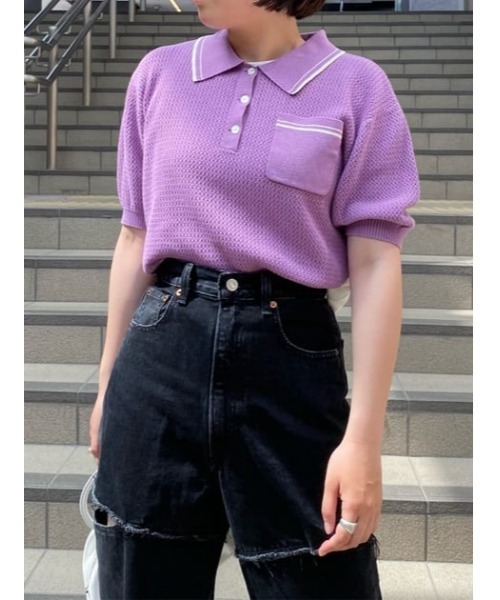 MOUSSY（マウジー）の「MARINE CROPPED KNIT トップス（ニット/セーター・レディース・ホワイト/ネイビー/パープル/ライトブルー・FREE）」の9枚目の写真