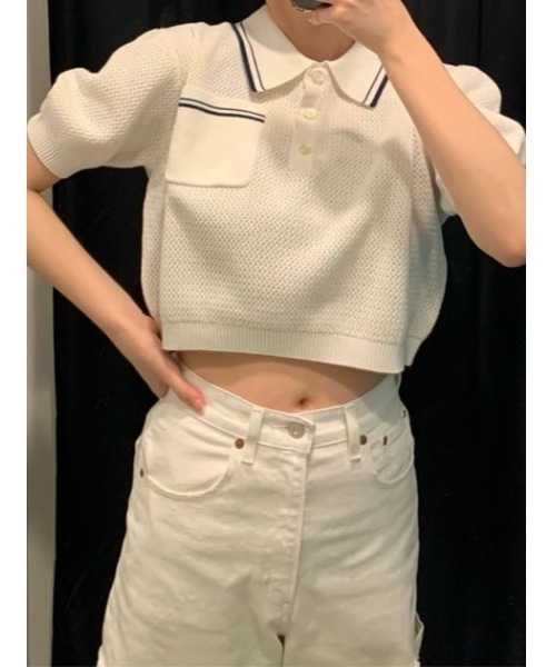 MOUSSY（マウジー）の「MARINE CROPPED KNIT トップス（ニット/セーター・レディース・ホワイト/ネイビー/パープル/ライトブルー・FREE）」の21枚目の写真