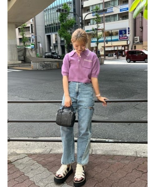 MOUSSY（マウジー）の「MARINE CROPPED KNIT トップス（ニット/セーター・レディース・ホワイト/ネイビー/パープル/ライトブルー・FREE）」の7枚目の写真