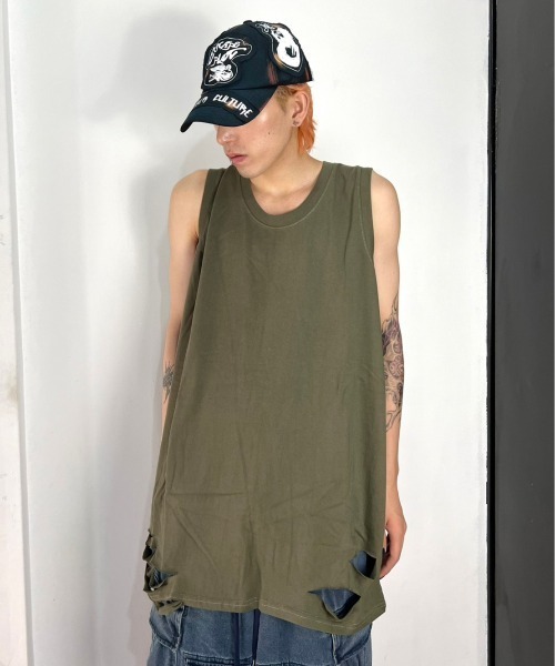 XU(エックスユー)の「韓国ファッション XU エックスユー damage sleeveless ダメージスリーブレス ダメージノースリーブ ダメージTシャツ(Tシャツ/カットソー・メンズ・ベージュ/ブラック/ホワイト/チャコールグレー/カーキ・ONE SIZE)」の5枚目の写真